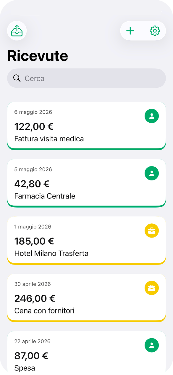 App Busta Scontrini con elenco ricevute, ricerca e pulsanti di acquisizione